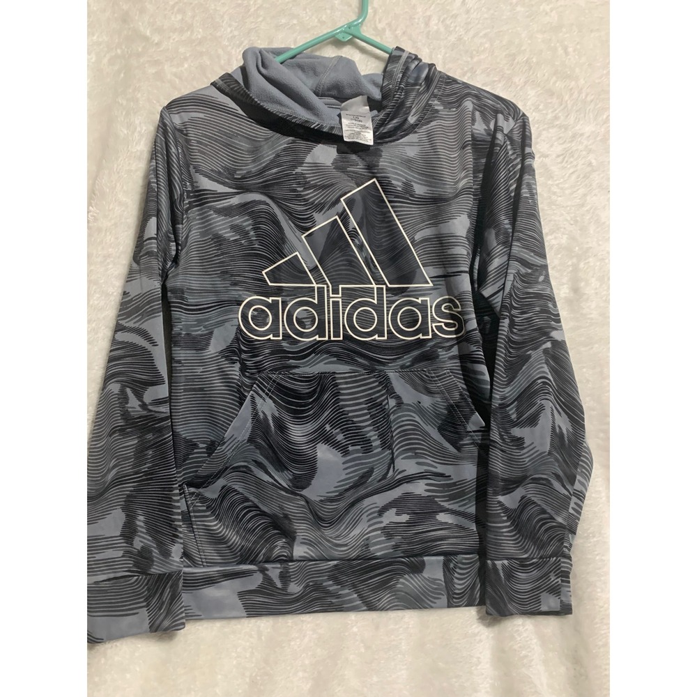 Adidas Boys Grey Wavy Camo Fleece Lined Hoodie Sweatshirt Size Large 14/16